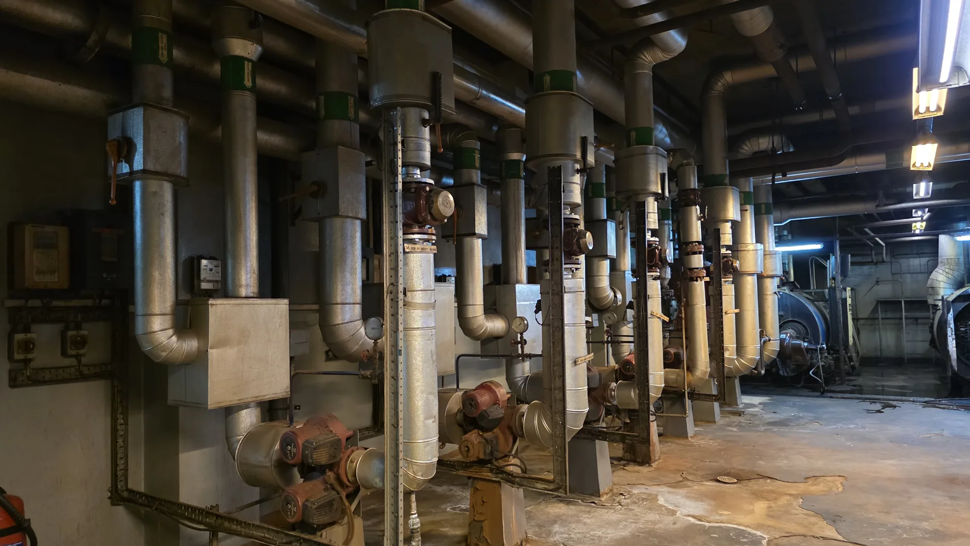 Industrial mechanical plant room with insulated piping