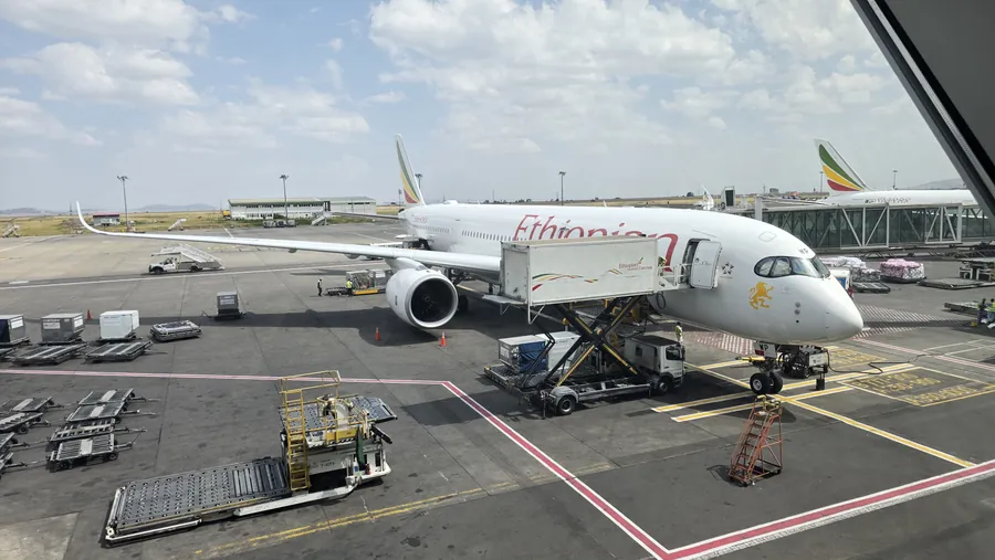 Ethiopian Airlines Airbus A350 on stand with ground support equipment