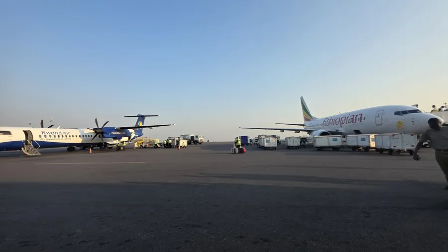 RwandAir and Ethiopian Airlines aircraft on the apron at Kigali International Airport