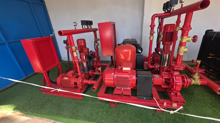 Fire pump skids with control panels in a pump room