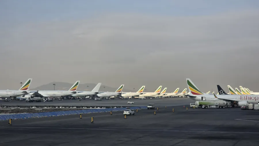 Ethiopian Airlines fleet lined up at Addis Ababa Bole International Airport