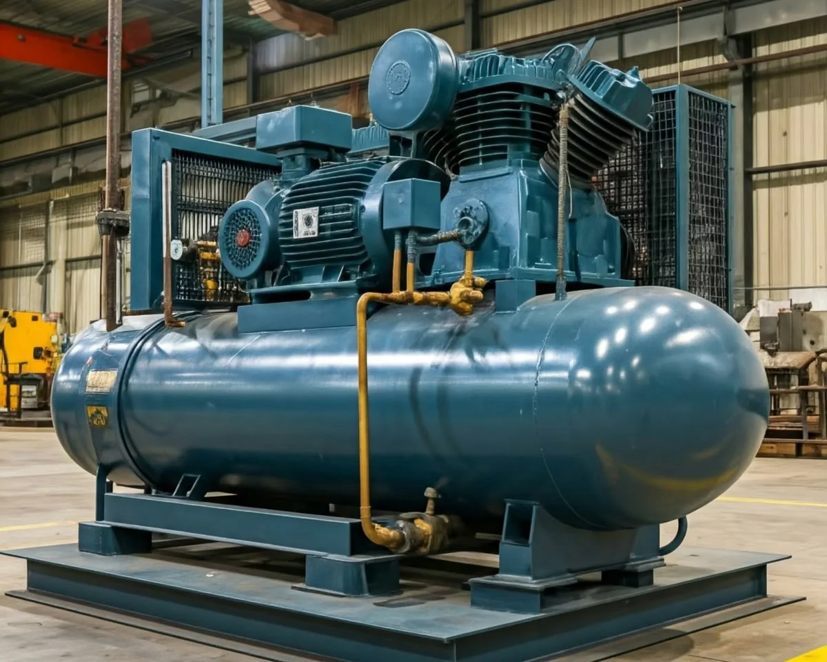 Reciprocating air compressor mounted on a horizontal receiver tank