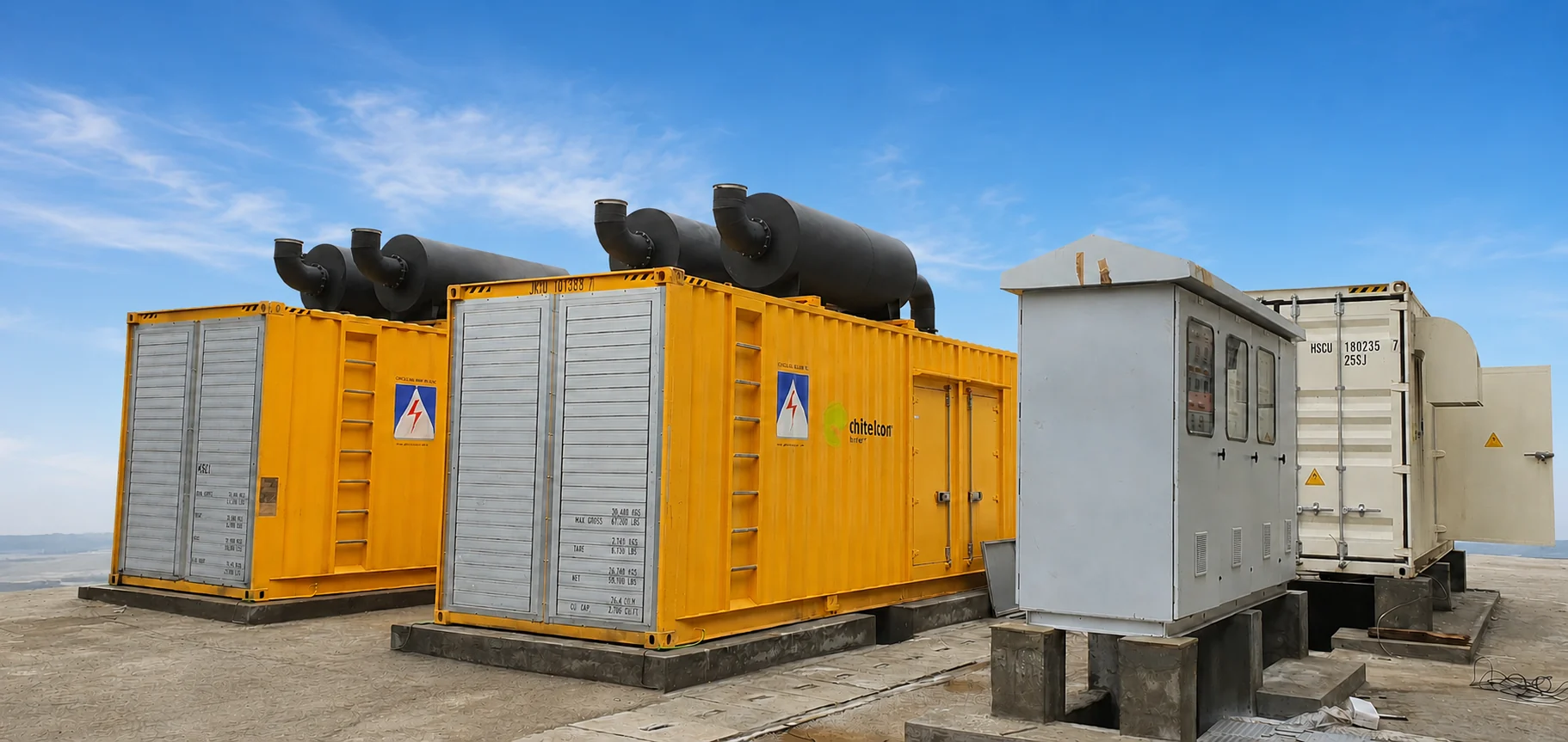Containerised diesel generator sets with exhaust silencers and outdoor switchgear providing telecom power continuity
